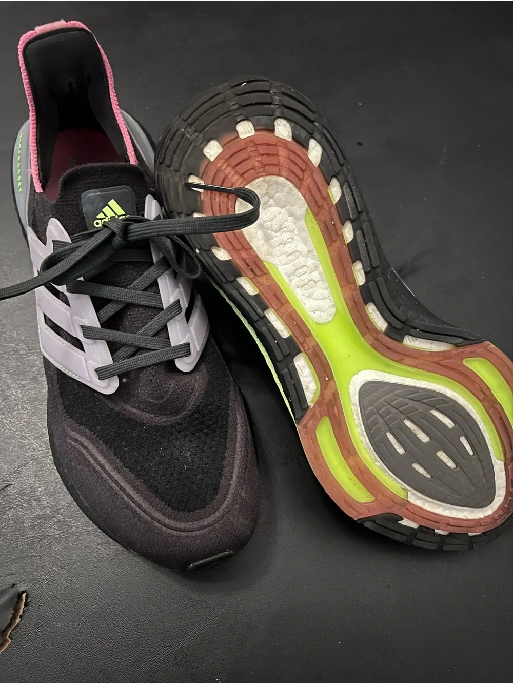 Adidas UltraBoost Women’s Black Sneakers with Pink Trim and Lime Logo